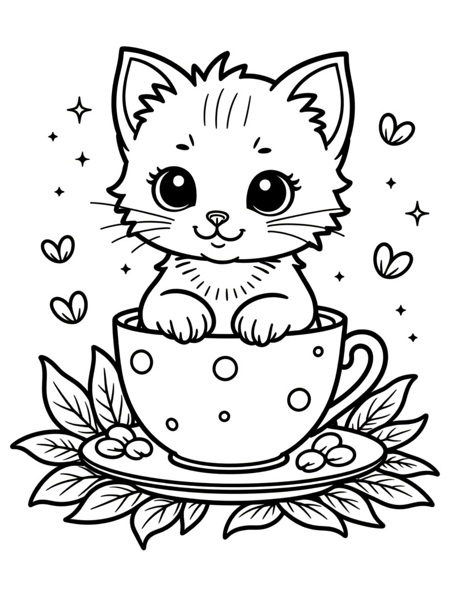 Cute Cup Kittens – Printable Coloring Book (PDF)
